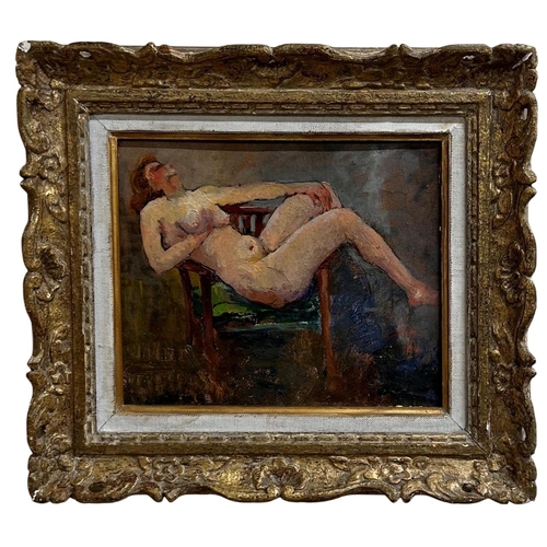 1594 - 20th century school - reclining nude, circa 1940, oil on board, 21 x 26cm, giltwood frame