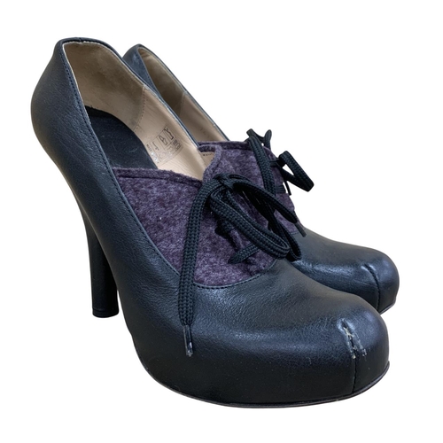 576 - Vivienne Westwood black leather and purple mohair shoes, size 40, with original box