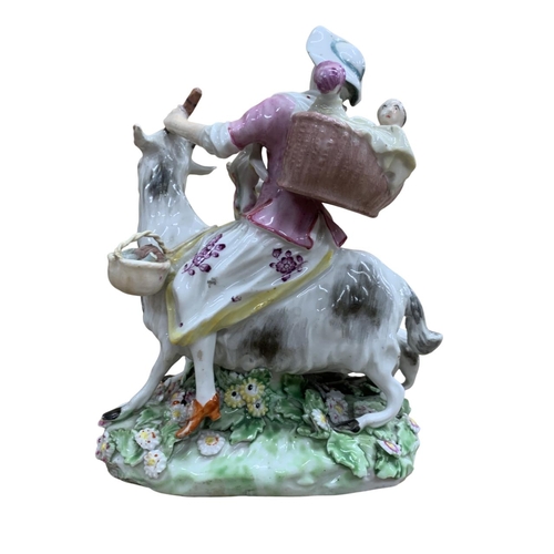 389 - Samson Derby porcelain figure of The Welch Taylor's wife, modelled riding on a goat and held atop Ro... 