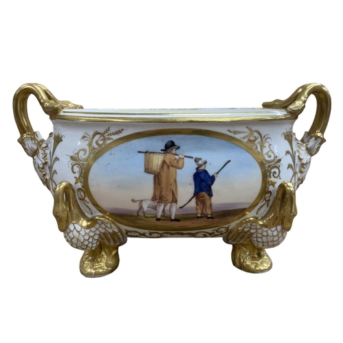 393 - Antique English porcelain oval bough pot, hand painted with two figural scenes on a moulded and gilt... 