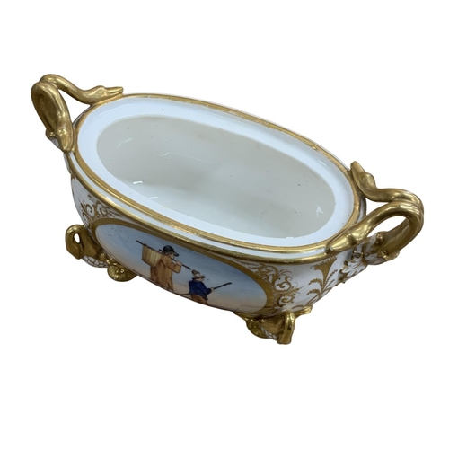 393 - Antique English porcelain oval bough pot, hand painted with two figural scenes on a moulded and gilt... 