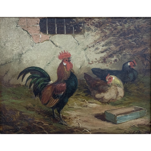 1603 - E.S. England (active 1890-1910) farm scene with hens and cockerel, oil on board, signed, 29cm x 21cm... 