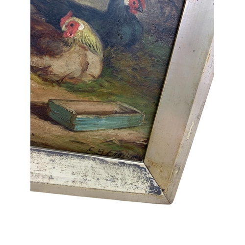 1603 - E.S. England (active 1890-1910) farm scene with hens and cockerel, oil on board, signed, 29cm x 21cm... 