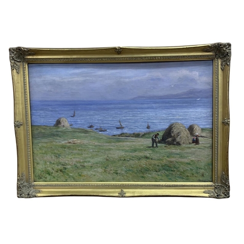 1605 - Joseph Henderson (1832-1908) Hay harvest set amongst coastal landscape scene, oil on canvas, signed,... 