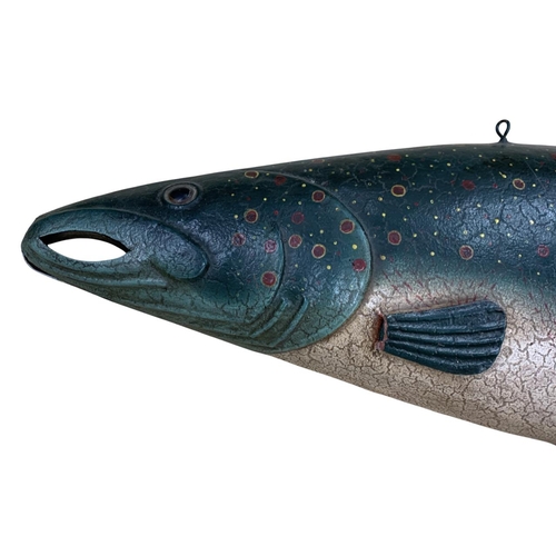 501 - Large vintage hand painted tin wall hanging Salmon fish, L 110cm