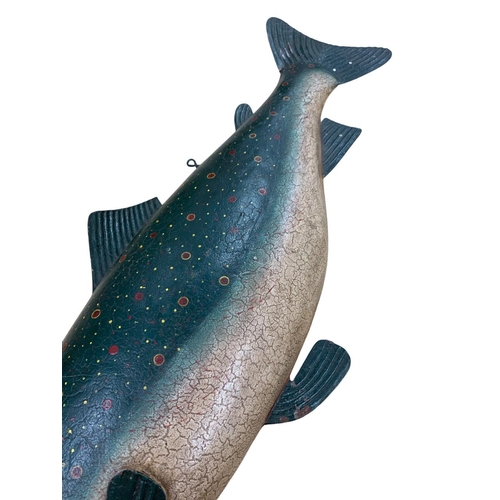 501 - Large vintage hand painted tin wall hanging Salmon fish, L 110cm