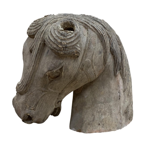 438 - Hand carved Chinese wooden horse head sculpture, H 30cm