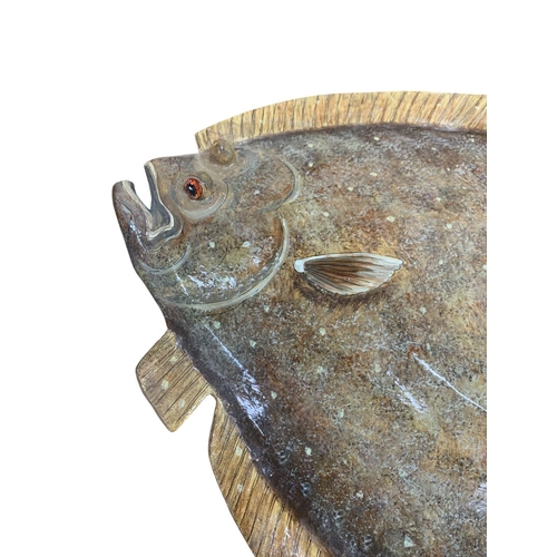 589 - Large vintage hand painted papier-mâché wall hanging Turbot fish, signed 'Sue Baker' to reverse, L 5... 