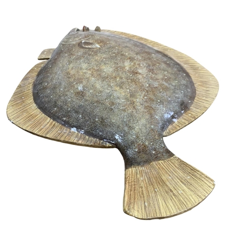 589 - Large vintage hand painted papier-mâché wall hanging Turbot fish, signed 'Sue Baker' to reverse, L 5... 