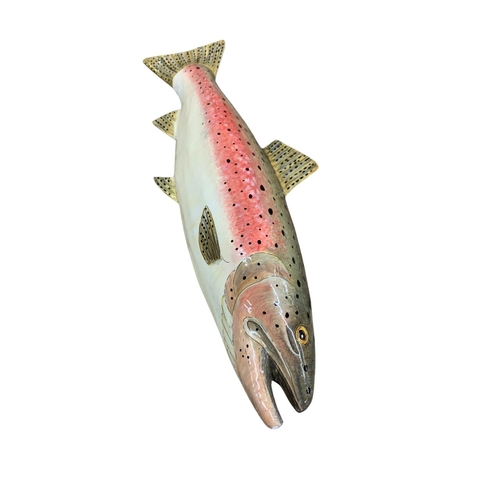 590 - Large vintage hand painted papier-mâché wall hanging Rainbow Trout fish, signed 'Sue Baker' to rever... 