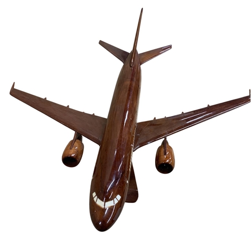 440 - Indian Rosewood desktop Airbus ACJ aeroplane on display stand, having intricate bone inlay to window... 