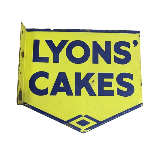 1044 - Advertising - Lyons Cakes double sided enamel sign, blue text on yellow ground, 45cm x 39cm