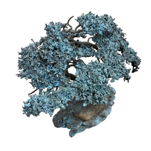 301 - Oriental copper study of Bonzai tree, raised atop naturalistic stone base, H 21cm