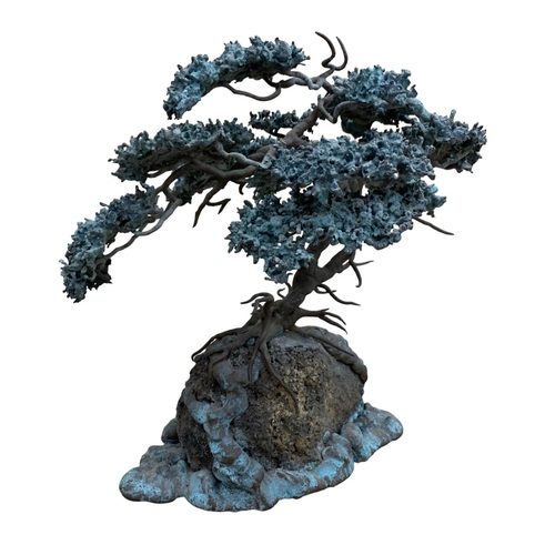 301 - Oriental copper study of Bonzai tree, raised atop naturalistic stone base, H 21cm