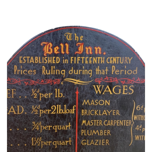 1049 - Hand painted 'The Bell Inn' innkeepers wooden pricing sign, 65cm x 45cm