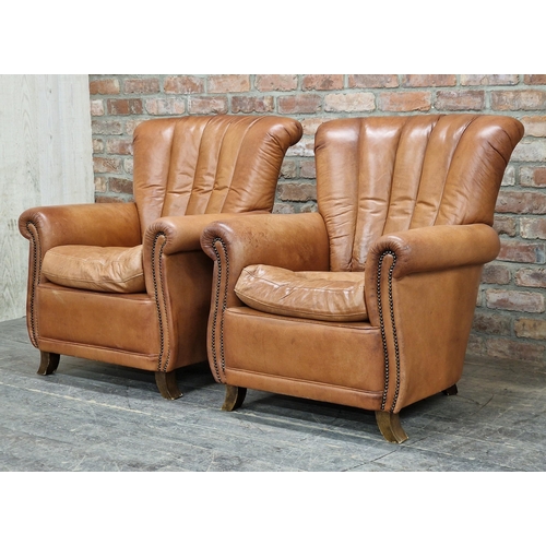 1211 - John Lewis Tetrad for Ella Chairs - A  pair of vintage tan leather fan back armchairs with studded e... 