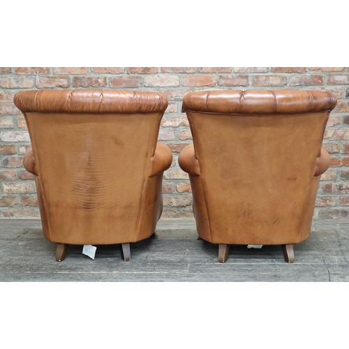 1211 - John Lewis Tetrad for Ella Chairs - A  pair of vintage tan leather fan back armchairs with studded e... 