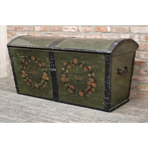 1212 - 19th century Swedish oak dome top marriage chest with original hand painted detail, H 70cm x W 143cm... 