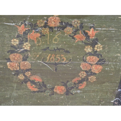 1212 - 19th century Swedish oak dome top marriage chest with original hand painted detail, H 70cm x W 143cm... 