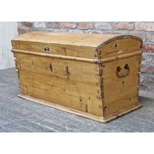 1214 - Victorian pine dome top trunk with hinged lid and twin carry handles, H 56cm x W 93cm x D 52cm