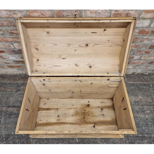 1214 - Victorian pine dome top trunk with hinged lid and twin carry handles, H 56cm x W 93cm x D 52cm