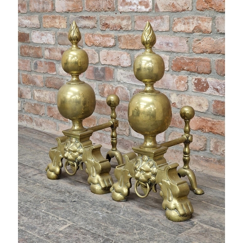 1215 - Impressive quality large pair of Victorian brass country house andirons with lions mask detail, H 71... 