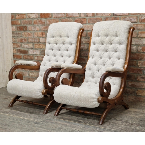 1222 - Pair of late Victorian mahogany slipper chairs with scrolled arms and studded buttoned upholstery, H... 