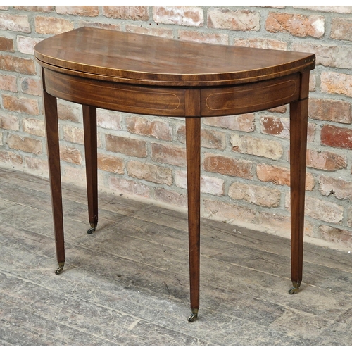 1223 - Georgian mahogany demi lune fold over top card table, H 76cm x W 92cm x D 46cm