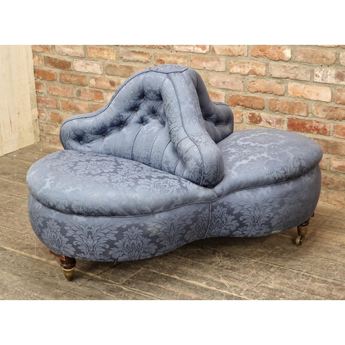 1238 - Good Victorian three seat conversation sofa with button back upholstery raised on brass castors, H 7... 