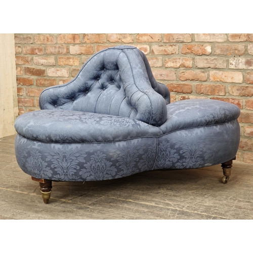 1238 - Good Victorian three seat conversation sofa with button back upholstery raised on brass castors, H 7... 