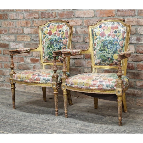 1239 - Good quality pair of antique French giltwood salon chairs with floral upholstery, H 89cm (2)