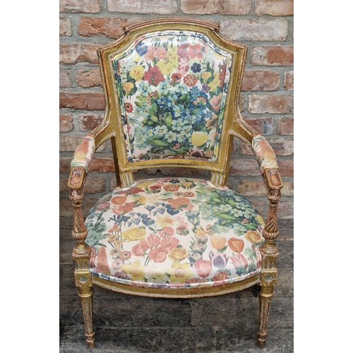 1239 - Good quality pair of antique French giltwood salon chairs with floral upholstery, H 89cm (2)