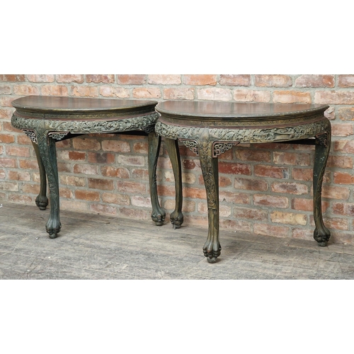 1241 - Pair of antique Chinese demi lune console tables with carved detail raised on paw feet, H 82cm x W 1... 