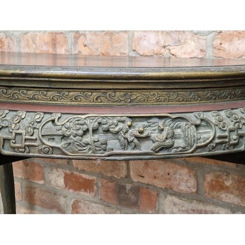 1241 - Pair of antique Chinese demi lune console tables with carved detail raised on paw feet, H 82cm x W 1... 