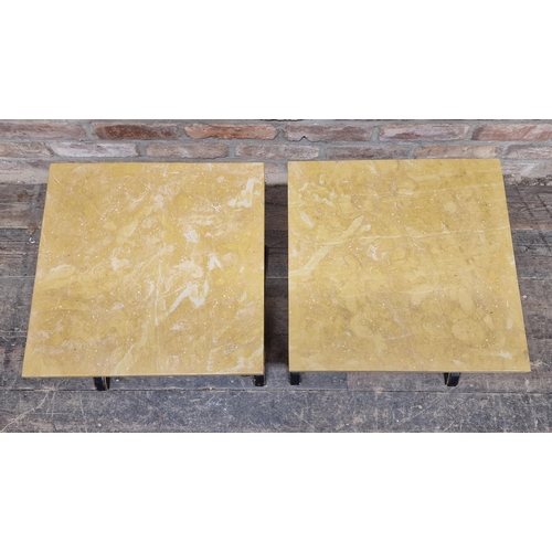 1247 - Pair of Regency style ebonised and gilt side tables with siena marble tops, H 44cm x W 44cm x D 44cm... 