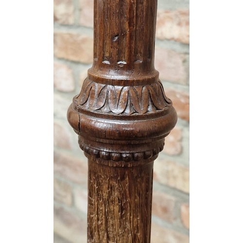 1249 - Good quality pair of Victorian Art Nouveau carved oak candlesticks with copper tops, H 100cm (2)