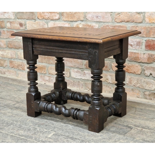 1251 - 18th century oak side table with inlaid top raised on turned supports, H 52cm x W 62cm x D 45cm