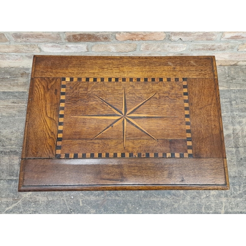 1251 - 18th century oak side table with inlaid top raised on turned supports, H 52cm x W 62cm x D 45cm