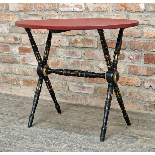 1253 - Victorian ebonised and giltwood side table (later top), H 68cm x W 86cm x D 51cm