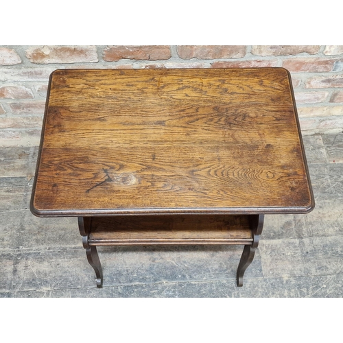 1254 - Antique oak two tier side table with pierced trefoil detail, H 70cm x W 60cm x D 40cm