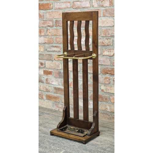 1258 - Arts and Crafts Glasgow school oak stick / umbrella stand with brass rail, H 103cm x W 36cm x D 23cm