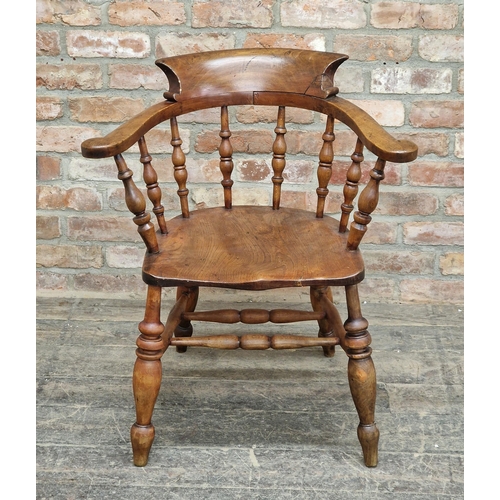 1267 - Antique beech and elm smokers bow elbow chair, H 83cm