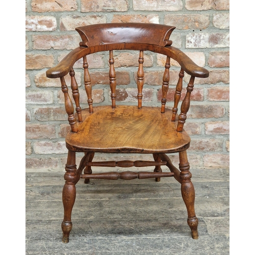 1268 - Antique beech and elm smokers bow elbow chair, H 79cm