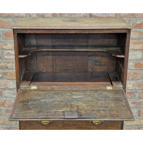 1270 - Georgian oak chest / bureau with fall front, two drawers and brass handles, H 113cm x W 74cm x D 34c... 