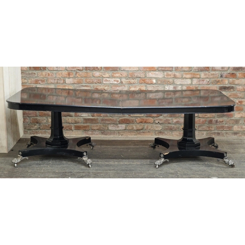 1271 - Regency style ebonised twin pedestal dining table raised on metal lions paw castors, H 71cm x W 239c... 