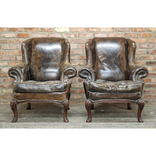 1273 - Pair of good quality studded leather wing armchairs raised on cabriole supports, H 108cm x W 93cm x ... 