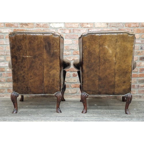 1273 - Pair of good quality studded leather wing armchairs raised on cabriole supports, H 108cm x W 93cm x ... 