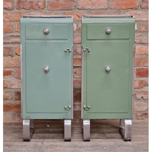 1276 - Pair of vintage metal dental cabinets with tray tops raised on chrome supports, H 85cm x W 35cm x D ... 