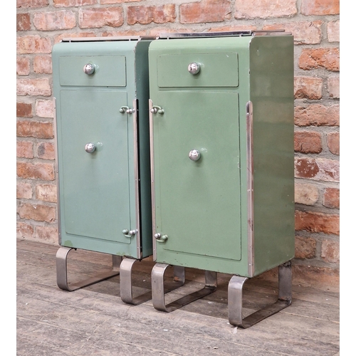 1276 - Pair of vintage metal dental cabinets with tray tops raised on chrome supports, H 85cm x W 35cm x D ... 