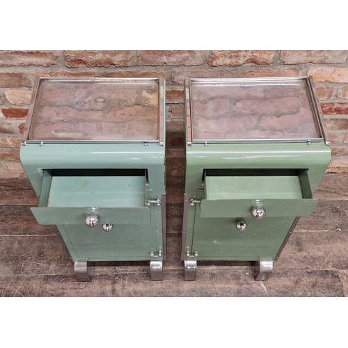 1276 - Pair of vintage metal dental cabinets with tray tops raised on chrome supports, H 85cm x W 35cm x D ... 